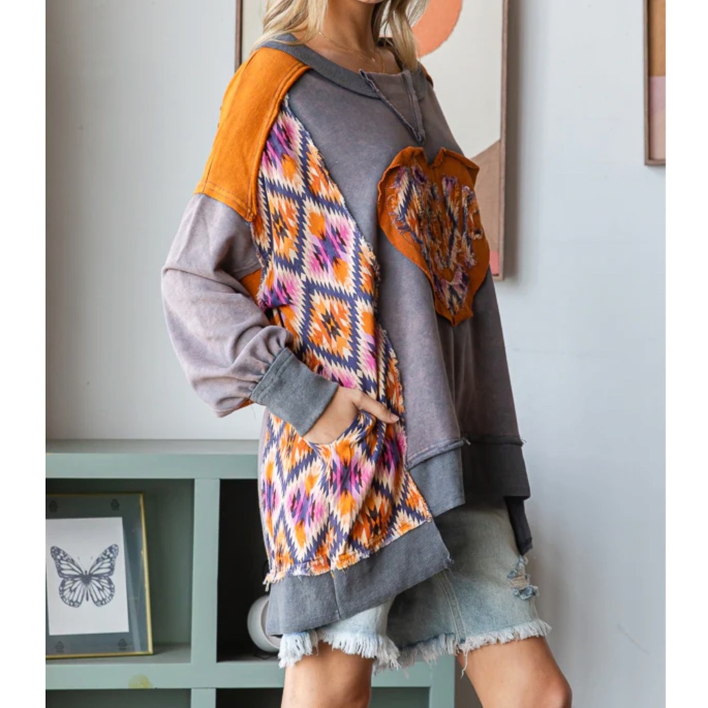 Oli & Hali Mineral Wash Tie Dye Love Patchwork Sweater Top - Picture 5 of 7